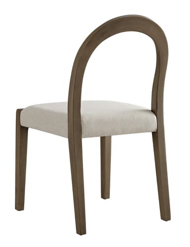 A modern dining chair featuring a wooden frame, an upholstered seat, and a distinct curved backrest. The frame has a warm brown finish, and the seat is covered in a light, textured fabric. — 3D model