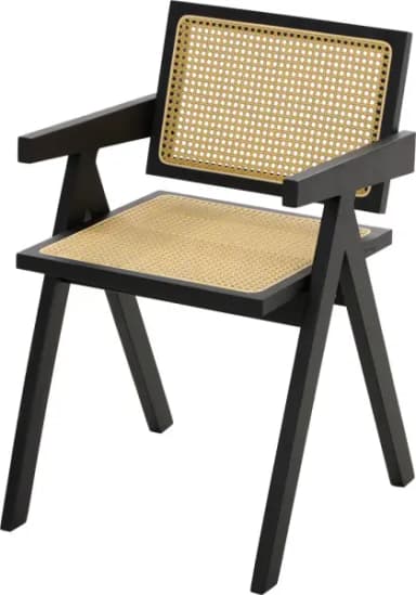 A modern armchair with a black wooden frame and cane weaving for the seat and backrest. The armchair features a distinctive angular design with a sloped backrest and armrests, supported by four angled legs. — 3D model