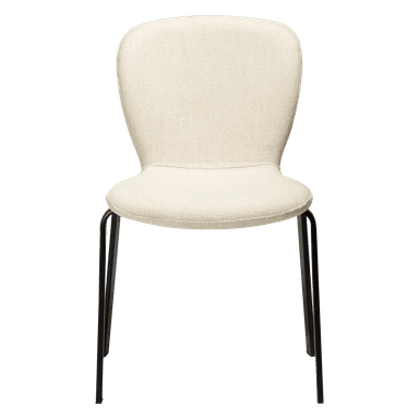 A modern chair with a molded seat and backrest upholstered in a textured, light-colored fabric. The base consists of four slender, dark-colored legs with a minimalist design. — 3D model