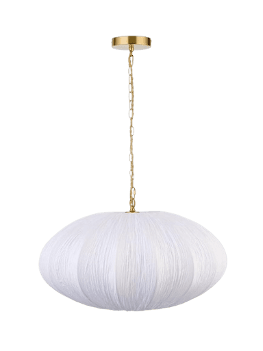 A contemporary pendant light featuring an oblong, textured white fabric shade suspended by a gold-toned metal chain and canopy. — 3D model