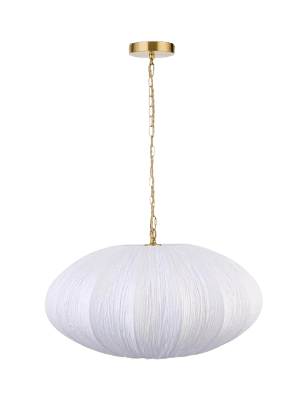 A contemporary pendant light featuring an oblong, textured white fabric shade suspended by a gold-toned metal chain and canopy. — 3D model
