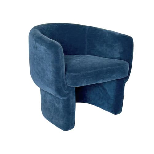 A plush, upholstered armchair with a rounded backrest that curves inward to form armrests. The seat is a thick, separate cushion. The base is integrated into the body of the chair, forming two curved, pedestal-like legs that extend downwards. — 3D model