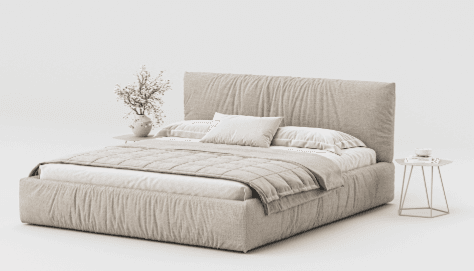 A king-size upholstered bed frame with a plush headboard featuring a ruched or gathered fabric design. The bed is dressed with white bedding, a decorative pillow, and a quilted throw blanket. It sits on a solid base and is flanked by two small, modern side tables, one holding a vase with floral sprigs and the other a cup and saucer. — 3D model