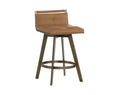 A brown leather bar stool with a metal base. The seat and back are upholstered in brown leather. The base is made of metal with a brushed finish and features four legs connected by a circular footrest. — 3D model