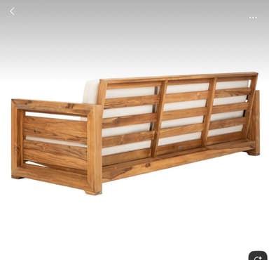 A three-seater sofa with a wooden frame and light-colored cushions. The frame appears to be constructed from solid wood planks with a visible grain pattern. The backrest and seat are upholstered with cushions. Dimensions are indicated as 29.3" in height, 37.0" in depth, and 83.5" in width. — 3D model