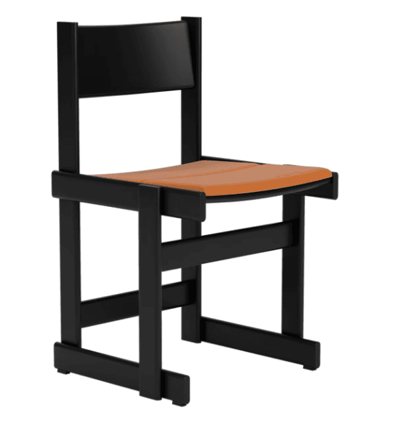 A modern dining chair featuring a robust block-frame construction in black-painted wood, complemented by a tan-colored upholstered seat. The chair has a minimalist backrest and sturdy square-sectioned legs and stretchers, giving it a solid and geometric aesthetic. The design is utilitarian yet stylish, suitable for contemporary interiors. — 3D model