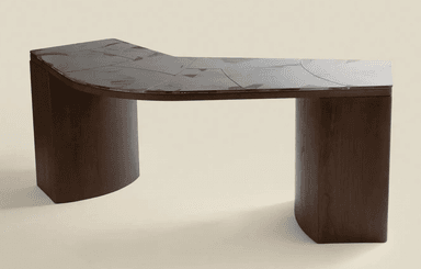 A dark wood corner desk with a marble-patterned top. The desk has a distinctive angular shape, with one side featuring a closed cabinet or drawer unit. The legs are thick and rectangular, with rounded edges. The top surface has a marbling pattern with grey and white tones on a dark base. — 3D model