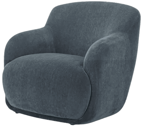 A fully upholstered lounge chair featuring soft, rounded contours and a low-profile design. The chair is covered in a dark gray, textured fabric, likely a durable weave or chenille, presenting a modern aesthetic. It lacks visible legs, suggesting a concealed base. — 3D model