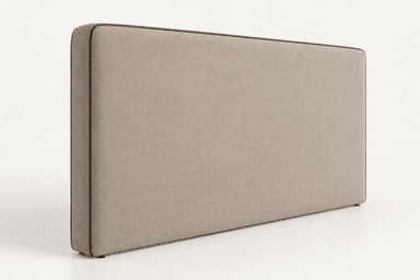 A rectangular upholstered headboard in a light beige fabric with subtle dark piping along its rounded edges and small integrated feet. — 3D model