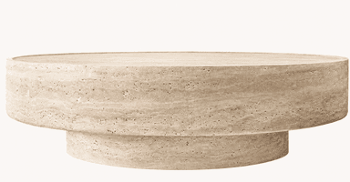 A low, round coffee table constructed from light-colored travertine, featuring a solid, cylindrical base and a slightly larger, circular top with a subtle raised lip. — 3D model