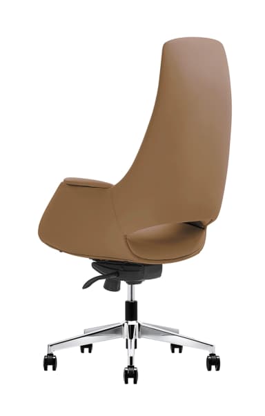 A modern office chair with a high, contoured backrest and integrated armrests. The chair features a polished chrome five-star base with caster wheels for mobility and a pneumatic height adjustment lever. The upholstery appears to be a smooth, tan-colored material, possibly leather or high-quality synthetic. — 3D model