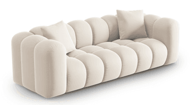A contemporary three-seater sofa featuring plush, channel-tufted upholstery in a cream color, with softly rounded arms and back. Two matching throw pillows are included. — 3D model