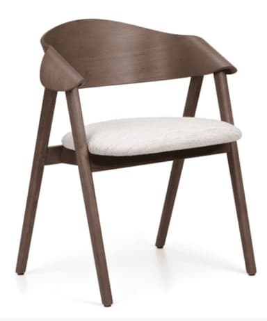 A contemporary dining armchair featuring a dark walnut-finished wooden frame with a curved backrest and integrated armrests. The seat is upholstered in a light, textured fabric, complementing the slender, tapered legs. — 3D model