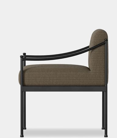 A modern chair featuring a minimalist black metal frame and textured brown fabric upholstery. The image shows the back of the chair, highlighting a rectangular padded backrest and slender cylindrical legs. — 3D model