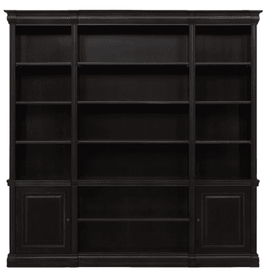 A tall, multi-section bookcase with a dark finish. The bookcase features an upper section with multiple open shelves divided into three vertical bays. The lower section consists of two cabinets on the outer sides and open shelving in the middle bay. It has a decorative molding along the top and a plinth base. The overall design suggests a traditional or classic style. — 3D model
