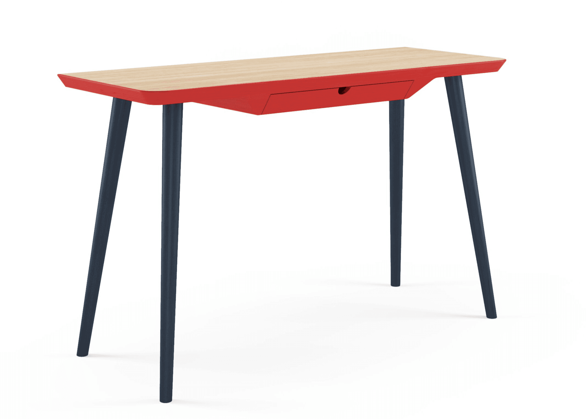 A compact modern desk featuring a light-toned wood tabletop, a vibrant red apron that integrates a single drawer, and four contrasting dark blue tapered legs. — 3D model