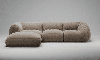 A modular sectional sofa with an accompanying ottoman. The sofa features a low profile, plush cushioning, and a fabric upholstery. The design is characterized by rounded forms and segmented seating areas achieved through stitching. — 3D model