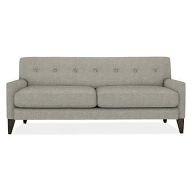A contemporary sofa upholstered in a heathered gray fabric, featuring a button-tufted backrest and flared, slightly sloped armrests. The sofa has two large seat cushions and is supported by short, dark block feet. — 3D model