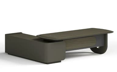 A modern executive desk with a sleek, elongated elliptical tabletop. The desk features a substantial base with integrated storage elements. One side has a rounded, metallic accent, while the other incorporates fluted detailing and an oval illuminated accent. The surface appears to be a wood-grain laminate, complemented by matte grey and metallic finishes. — 3D model