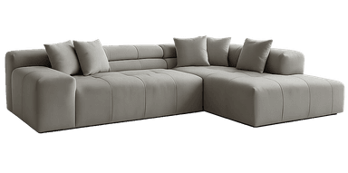 An L-shaped modern sectional sofa, upholstered in a light gray material, likely a smooth fabric or leather. The sofa features a low-profile design with wide, blocky arms and backrests. The seating surfaces and backrests exhibit a subtle channel tufting or stitched detailing, adding texture and defining individual cushions. An integrated chaise lounge extends from one end, offering ample reclining space. The sofa is supported by a recessed base, giving it a floating appearance. Several matching throw pillows are distributed across the sofa. — 3D model