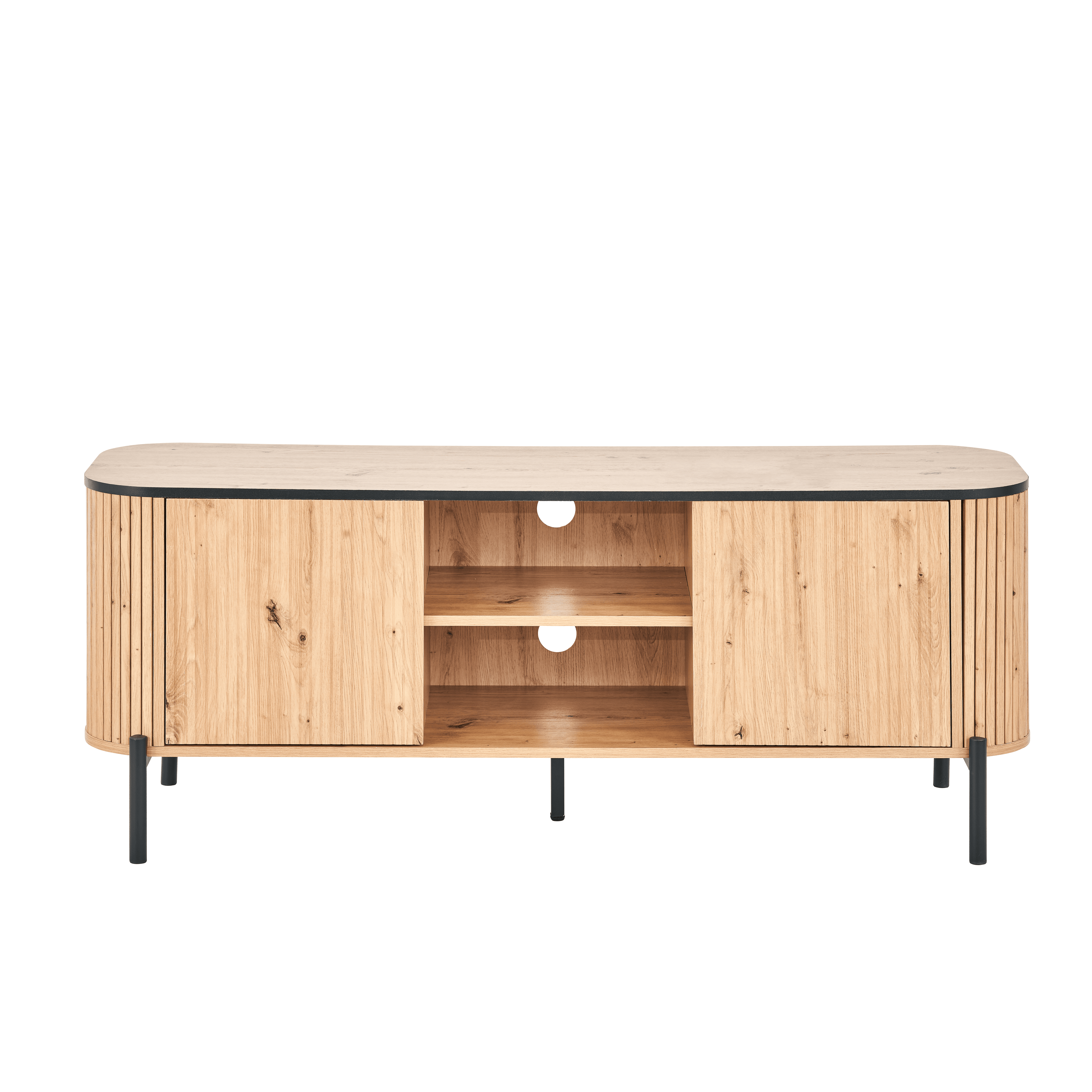 A contemporary media console crafted from light-toned wood, featuring rounded corners and a fluted design on the curved side panels. It includes two closed cabinet sections with hinged doors and a central open compartment with two shelves, each equipped with a cable management cutout. The unit is supported by four slender, angled black metal legs, with an additional central support leg. — 3D model