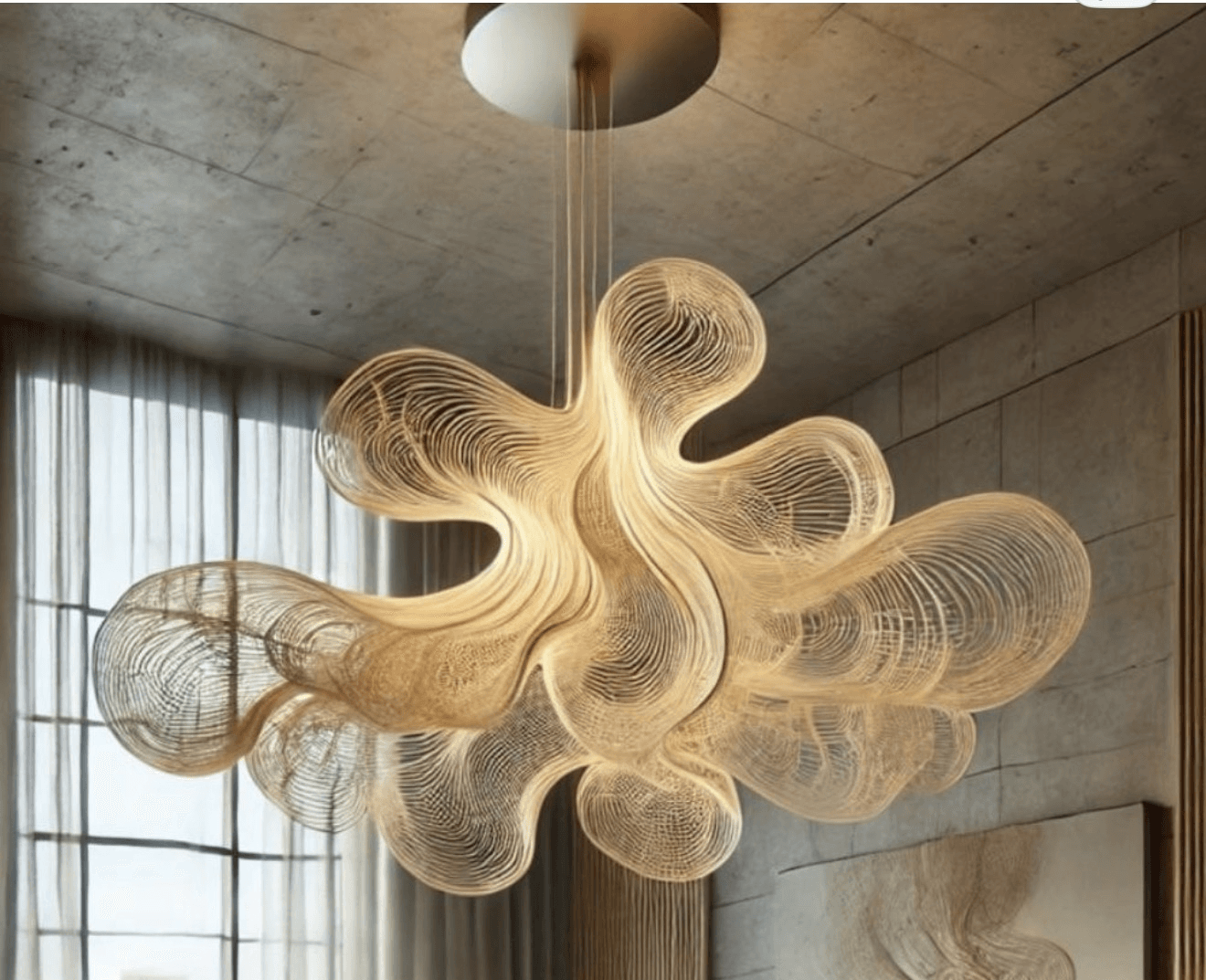 A contemporary sculptural chandelier featuring an organic, cloud-like form composed of delicate, interwoven filament wires. The fixture emits a warm, diffused light, highlighting its intricate layered structure. It is suspended from a circular ceiling plate by multiple thin cables. — 3D model