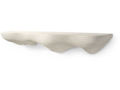 An off-white, sculptural wall-mounted shelf featuring a distinct wavy and undulating form along its underside. The surface below the flat top is covered with fine horizontal ridges, giving it a textured appearance. The shelf appears to be made from concrete or a similar cast material, and it is designed to be seamlessly affixed to a wall, giving it a floating aesthetic. The ends are softly rounded. — 3D model
