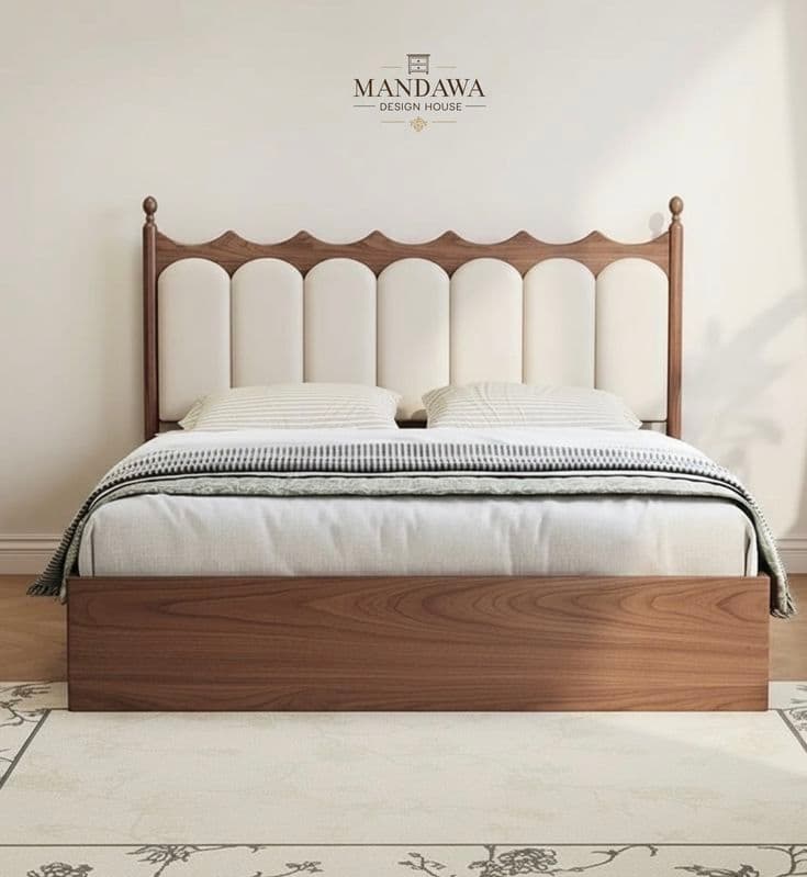 A modern bed featuring a dark wood frame and a distinctive headboard with a scalloped top edge. The headboard is composed of vertical, arched upholstered panels in an off-white color, set within the dark wooden frame. Small decorative finials adorn the top corners of the headboard posts. The bed includes a mattress, also in off-white, and appears to be a digital rendering in pristine condition. — 3D model