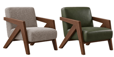 A modern upholstered armchair featuring an exposed, angular wooden frame. The seat, backrest, and armrest pads are upholstered in a light grey, textured fabric, contrasting with the dark brown wood. The design emphasizes clean lines and a structural aesthetic. — 3D model