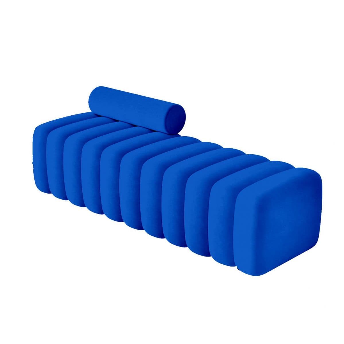 A long, contemporary bench featuring a distinctive ribbed or segmented design, entirely upholstered in a vibrant royal blue fabric, accompanied by a matching cylindrical bolster pillow. — 3D model