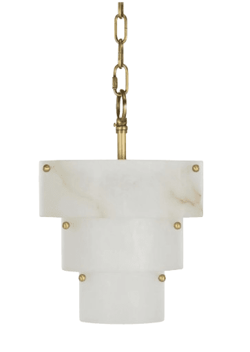 A tiered chandelier constructed from multiple stacked cylindrical shades, possibly made of alabaster or a similar translucent stone. The shades have a layered, stepped appearance. The chandelier is suspended by a brass chain and includes brass hardware connecting the chain to the upper shade and an internal stem. — 3D model
