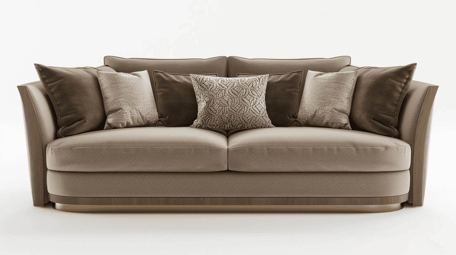 A plush, contemporary sofa with a light beige upholstery. The sofa features a curved armrest on the left and a straight armrest on the right. It is adorned with four throw pillows: two solid dark brown pillows, and two patterned pillows in lighter beige and gold tones. The base of the sofa has a thin, metallic gold-colored trim. — 3D model