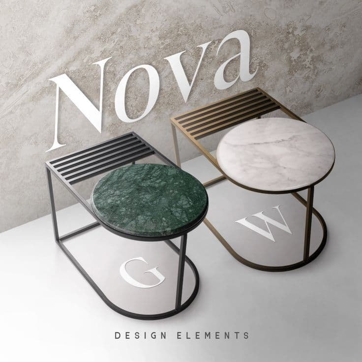 A modern accent table featuring an asymmetrical black powder-coated metal frame, one round green marble tabletop, and one rectangular slatted black metal surface. The design is geometric and minimalist, with a striking material contrast. — 3D model