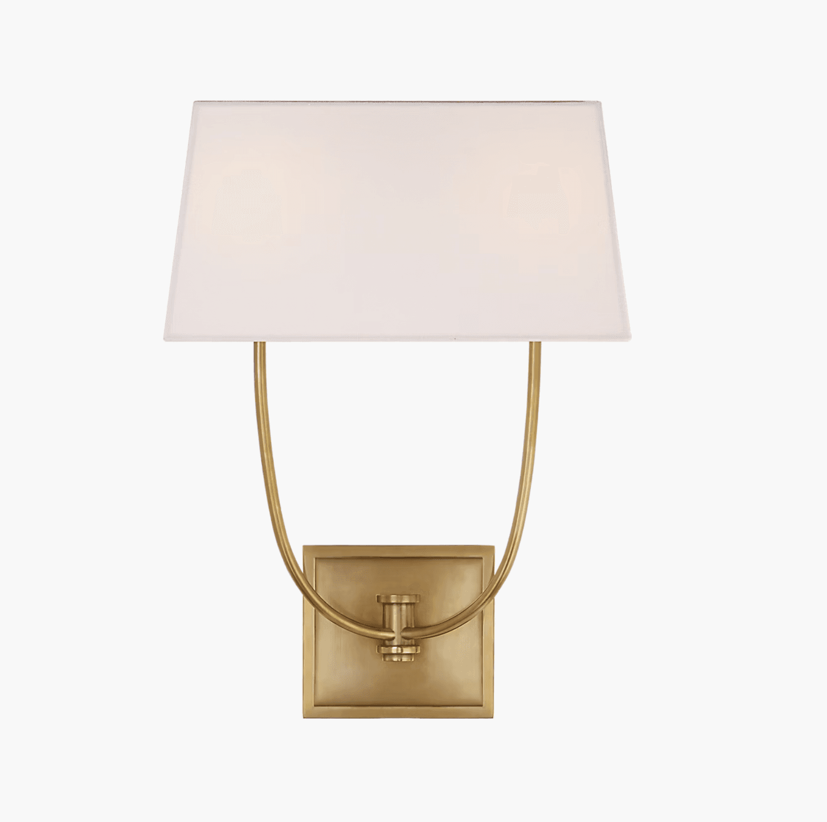 A wall-mounted light fixture featuring a rectangular white fabric shade supported by two elegantly curved brass arms that extend from a rectangular brass backplate. The brass components have a brushed or satin finish. — 3D model