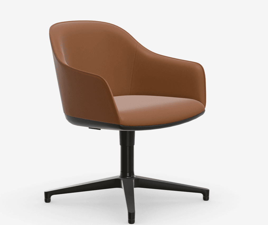 A modern armchair upholstered in brown leather or faux leather, featuring a comfortable bucket seat design with integrated armrests and supported by a black four-star swivel base. — 3D model