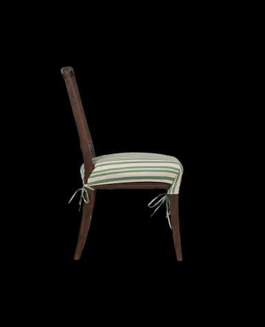 A wooden dining chair with a carved backrest and a striped seat cushion. The chair has a dark wood finish and a backrest with an ornate, symmetrical carving in the center. The seat is covered with a removable cushion featuring alternating green and white stripes. The cushion is secured by ties. — 3D model