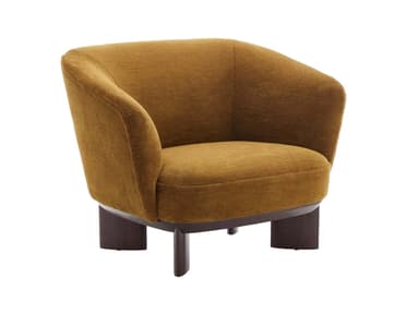 A compact upholstered lounge chair featuring a rounded, low-profile silhouette. The chair is covered in a textured, mustard yellow fabric and rests on short, dark brown wooden legs. The back and armrests are integrated, creating a seamless, enveloping form. The design appears modern with a touch of classic comfort, ideal for accent seating. — 3D model