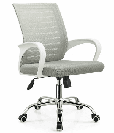 A modern office chair featuring a light gray mesh backrest and seat, white curved plastic armrests, and a chrome-plated five-star swivel base with casters. The chair has an adjustable height mechanism. — 3D model