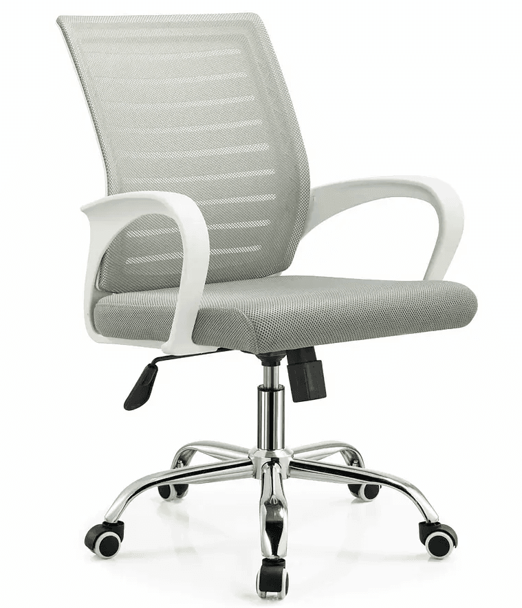 A modern office chair featuring a light gray mesh backrest and seat, white curved plastic armrests, and a chrome-plated five-star swivel base with casters. The chair has an adjustable height mechanism. — 3D model