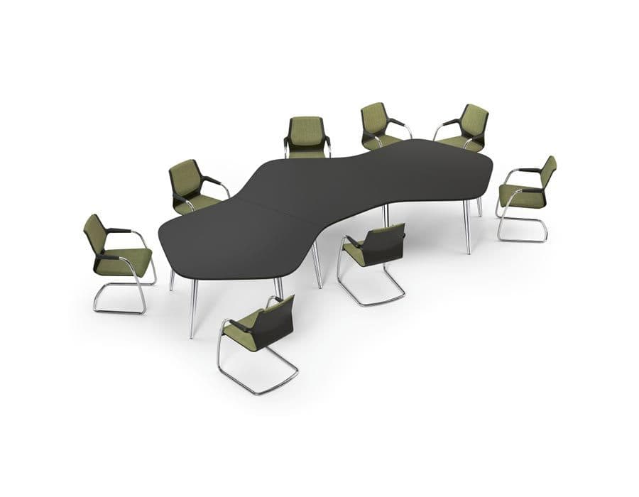 A modular conference table with a dark gray, matte surface, featuring an organic, flowing shape. It is surrounded by eight modern conference chairs with green upholstered seats and backs, and chrome-plated sled base frames. The table's irregular contour suggests it can be reconfigured or expanded. The chairs are designed for ergonomic comfort and mobility, with armrests and cantilevered bases. — 3D model