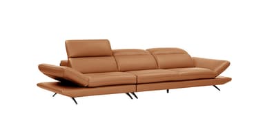 A modern, multi-seat sofa with a modular design. It features adjustable headrests and a chaise lounge component on the right side. The upholstery appears to be a smooth, matte leather, and the frame is supported by sleek, metallic legs. — 3D model
