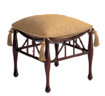 A square, upholstered ottoman with a dark wood frame featuring turned legs and a tan fabric cushion adorned with decorative rope trim and tassels. — 3D model