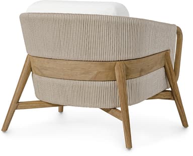 A contemporary lounge armchair featuring a natural teak wood frame with smooth, rounded armrests and angled legs. The backrest and side panels incorporate an open weave design made from beige synthetic rope. It is fitted with thick, plush, off-white fabric cushions for both the seat and back, providing a comfortable and airy seating solution. — 3D model