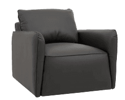 A dark grey, upholstered recliner armchair, featuring thick cushioning on the backrest, seat, and armrests, with visible stitching details and a contemporary design. — 3D model
