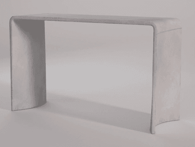 A minimalist console table with a monolithic, U-shaped design. The table features a flat, rectangular top supported by two curved, vertical panels that extend from the top surface to the floor. The overall form is sleek and contemporary. — 3D model