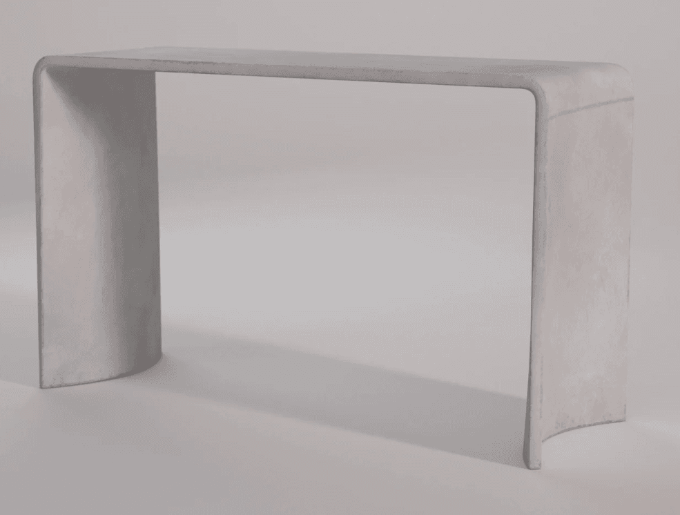 A minimalist console table with a monolithic, U-shaped design. The table features a flat, rectangular top supported by two curved, vertical panels that extend from the top surface to the floor. The overall form is sleek and contemporary. — 3D model