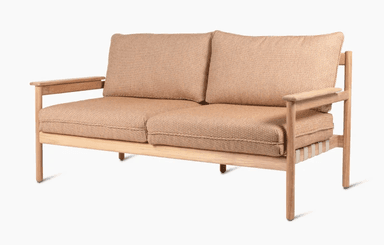 A modern outdoor sofa with a wooden frame and fabric upholstery. The backrest features a woven strap design, providing support and aesthetic appeal. The sofa appears to be designed for two to three occupants. — 3D model