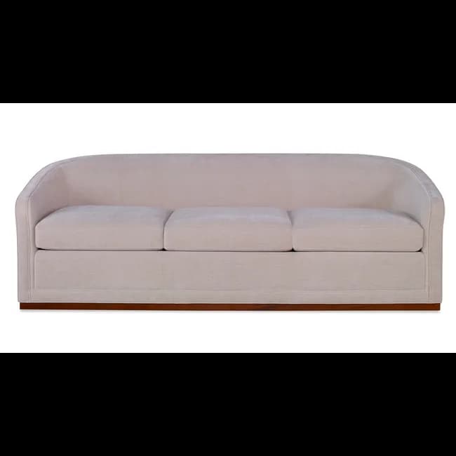 A three-seater sofa with a rounded back and armrests. It features a neutral-toned upholstered body and a visible wooden base. The seat cushions are distinct and appear to be filled for comfort. — 3D model