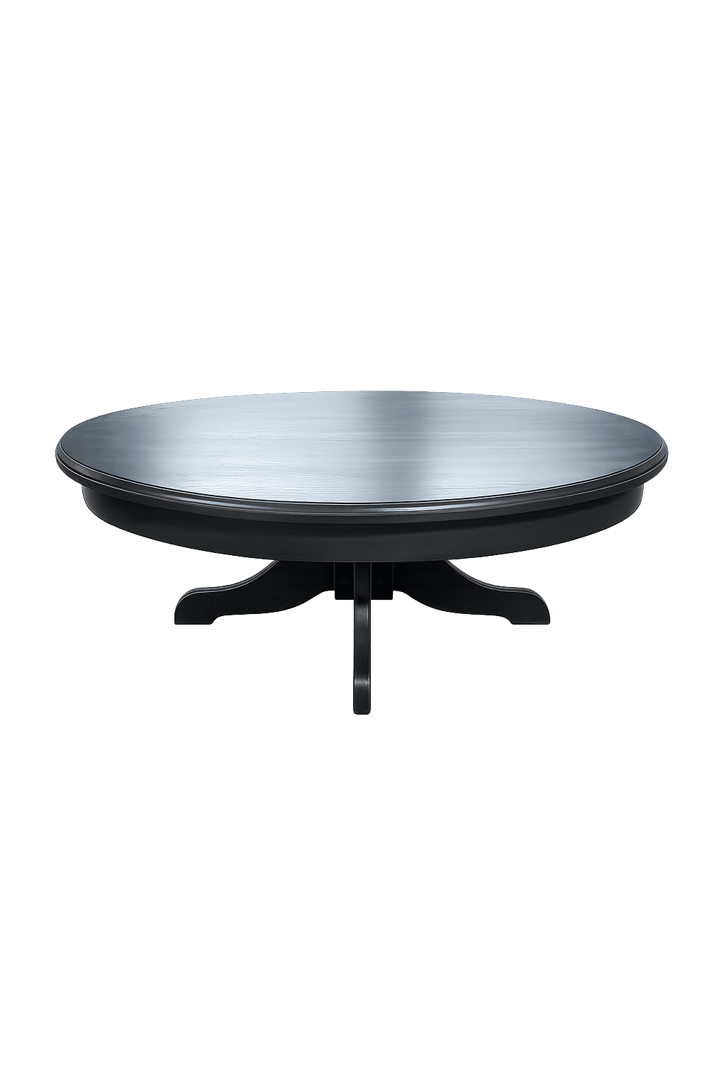 An oval-shaped coffee table featuring a light, brushed metallic finish on its tabletop, contrasted with a dark, possibly black, pedestal base. The base has a central column supporting four splayed and subtly scrolled legs. — 3D model