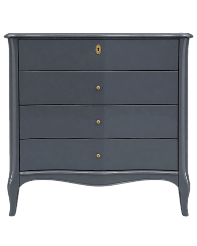 A dark grey chest of drawers featuring a serpentine front and four drawers. The top drawer includes a decorative brass key escutcheon. Each drawer is fitted with a single brass knob pull. The piece stands on four subtly curved cabriole-style legs, with a scalloped apron connecting the front legs. The top surface is flat with a gently rounded edge. The overall finish is a smooth, matte dark grey lacquer. — 3D model